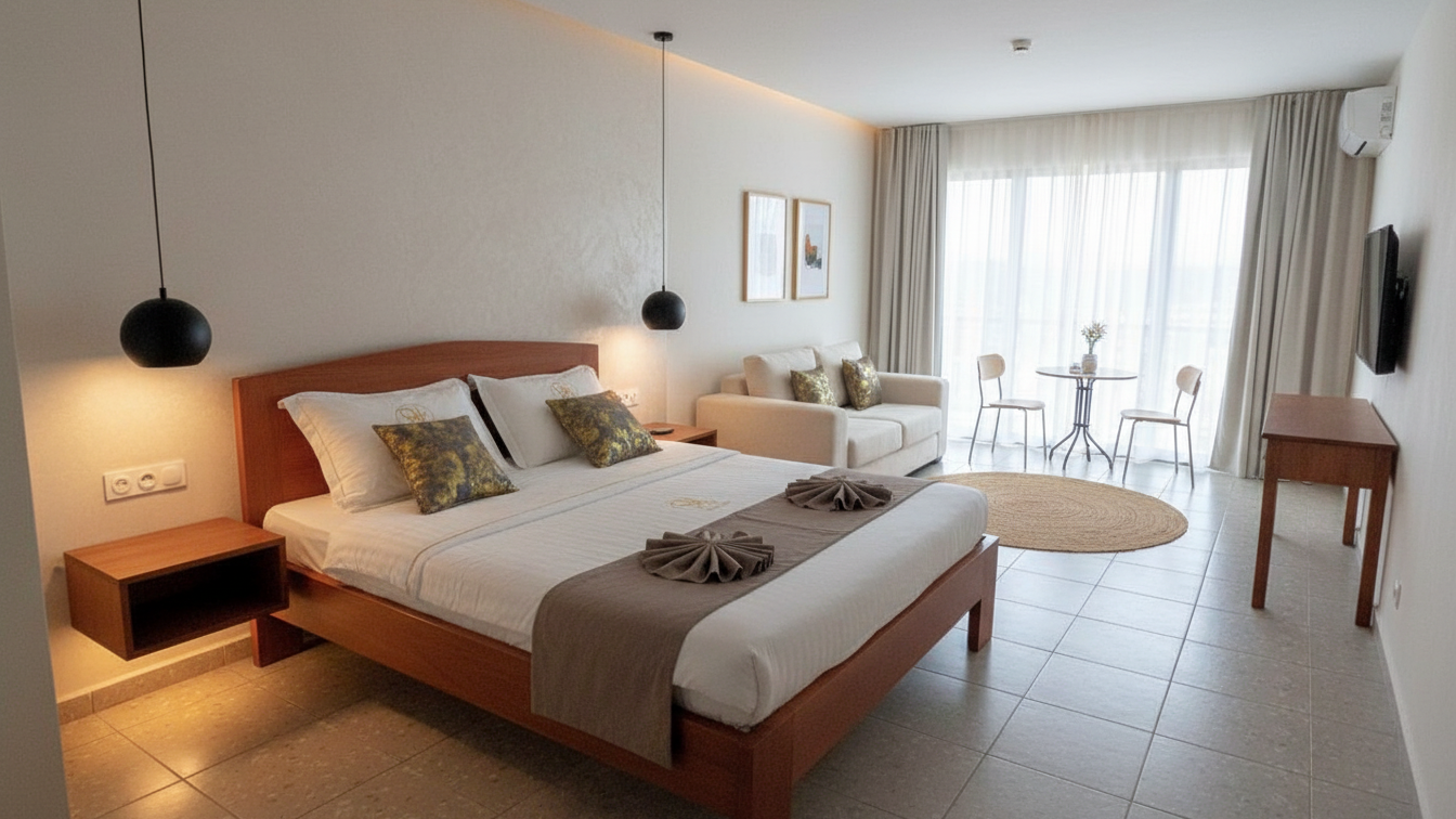 hotel bedroom detail luxury linens warm lighting